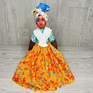 Ceramic / cloth rag doll with dress and head wrap folk art